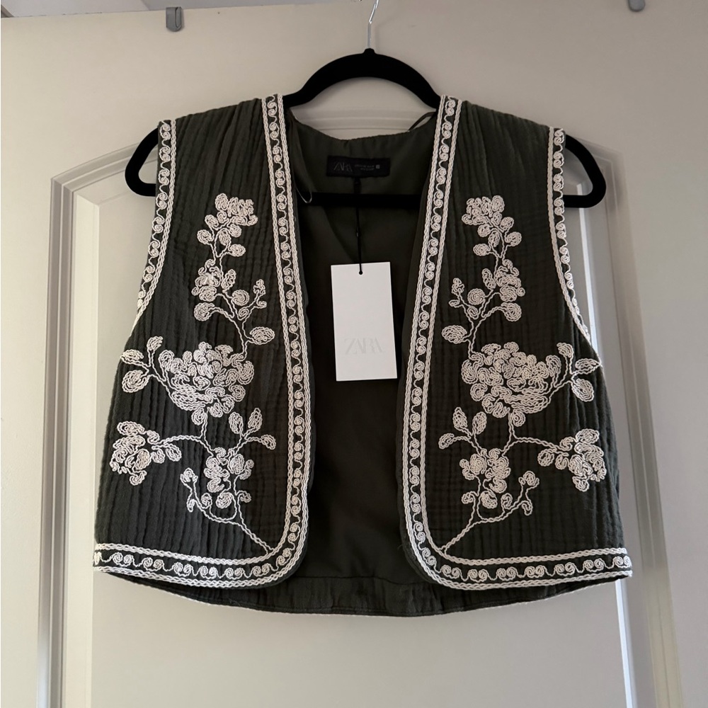 Zara Olive Floral Embroidered Vest